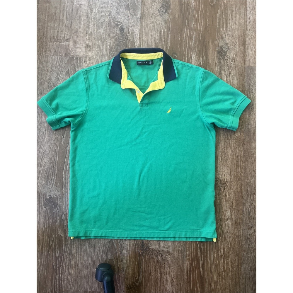 Vintage Nautica Mens Green Blue Yellow 100% Cotton Polo Shirt Sz L